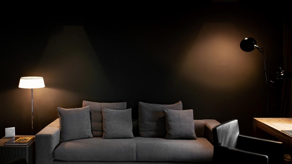 现代的暗色调客厅，灰色面料沙发沙发和黑色墙壁上的点灯，来自精心设计的灯具